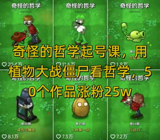 奇怪的哲学起号课,用植物大战僵尸看哲学,50个作品涨粉25w,暴力撸收益,全平台均可发布外贸跨境出海-网赚项目-副业赚钱-互联网创业-外贸跨境出海-资源整合阿婆出海